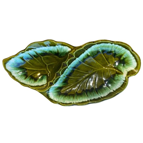 Santa Anita Ware R-26 Green Leaf Divided Ceramic Serving Dish - Picture 1 of 6